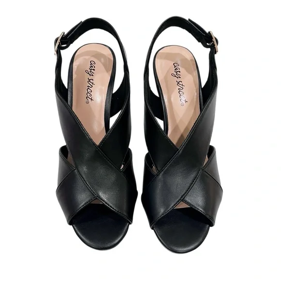 Easy Street Christy Slingback Heeled Sandals Cross Strap Buckle 7.5 Black NEW - Picture 6 of 16
